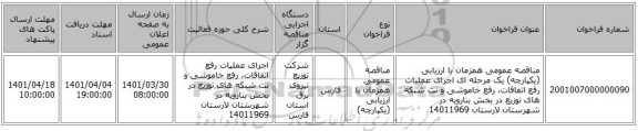 مناقصه، مناقصه عمومی همزمان با ارزیابی (یکپارچه) یک مرحله ای اجرای عملیات رفع اتفاقات، رفع خاموشی و نت شبکه های توزیع در بخش بنارویه در شهرستان لارستان 14011969