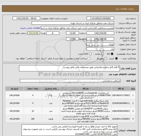 استعلام 4 قلم کابل و لوازم مخابراتی طبق مشخصات فنی فایل پیوست