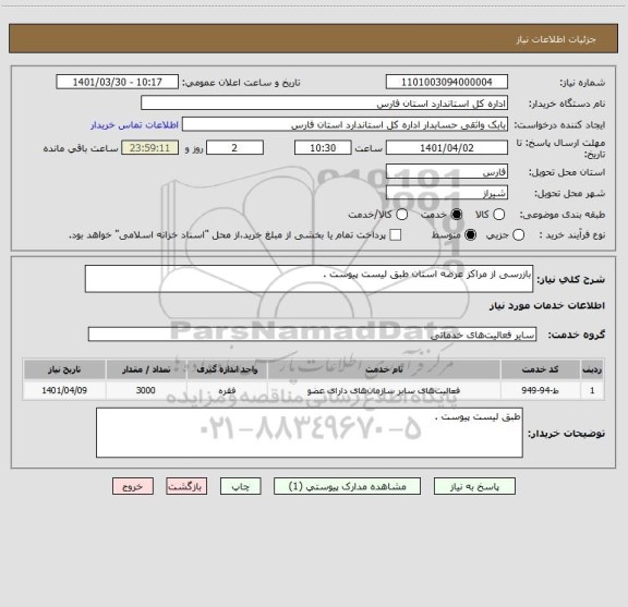استعلام بازرسی از مراکز عرضه استان طبق لیست پیوست .