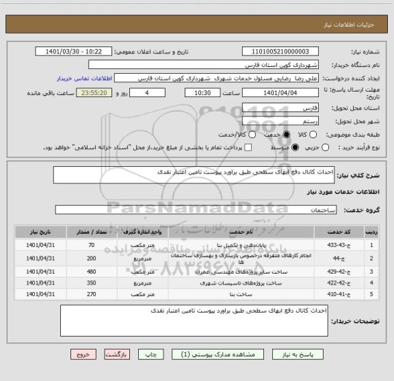 استعلام احداث کانال دفع ابهای سطحی طبق براورد پیوست تامین اعتبار نقدی