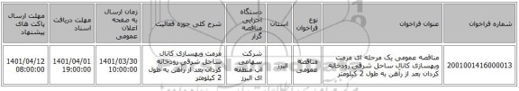 مناقصه، مناقصه عمومی یک مرحله ای مرمت وبهسازی کانال ساحل شرقی رودخانه کردان بعد از رآهن به طول 2 کیلومتر