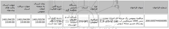 مناقصه، مناقصه عمومی یک مرحله ای احداث مخزن بتنی 1000 مترمکعبی آب جهت آبرسانی به 7 روستای مسیر چنانه شوش
