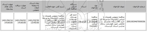 مناقصه، مناقصه عمومی همزمان با ارزیابی (یکپارچه) دو مرحله ای خرید 80دستگاه نمایشگر تعاملی جهت هوشمند سازی مدارس استان کردستان