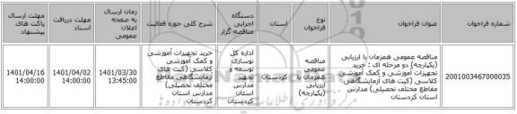 مناقصه، مناقصه عمومی همزمان با ارزیابی (یکپارچه) دو مرحله ای : خرید تجهیزات آموزشی و کمک  آموزشی کلاسی (کیت های آزمایشگاهی مقاطع مختلف تحصیلی) مدارس استان کردستان