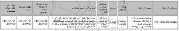 مناقصه، مناقصه عمومی یک مرحله ای بهسازی ونوسازی مرکز توانبخشی سیرجان