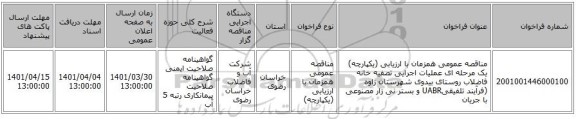 مناقصه، مناقصه عمومی همزمان با ارزیابی (یکپارچه) یک مرحله ای عملیات اجرایی تصفیه خانه فاضلاب روستای بیدوی شهرستان زاوه (فرآیند تلفیقیUABR و بستر نی زار مصنوعی با جریان