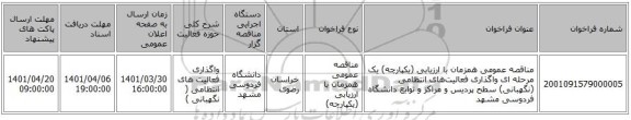 مناقصه، مناقصه عمومی همزمان با ارزیابی (یکپارچه) یک مرحله ای واگذاری فعالیت‌های انتظامی (نگهبانی) سطح پردیس و مراکز و توابع دانشگاه فردوسی مشهد