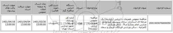 مناقصه، مناقصه عمومی همزمان با ارزیابی (یکپارچه) یک مرحله ای استاندارد سازی سیستم گرمایشی مدارس امام رضا(ع) م 9 ، سالن ورزشی کامرانیه ، سالن ورزشی فرزانگان قرچک  و سعاد