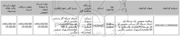 مناقصه، مناقصه عمومی یک مرحله ای اجرای شبکه گاز رسانی بخشی از فاز توسعه(50هکتاری وقسمتی از 65 هکتاری)شهرک صنعتی زاگرس