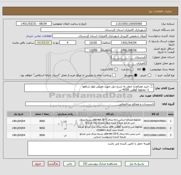 استعلام خرید مصالح با حمل به شرح ذیل جهت تعریض بلوار شاهو:
1- مخلوط کوهی 4050 تن
2- اساس 25-0   3000 تن
3- اساس 38-0      3000 تن