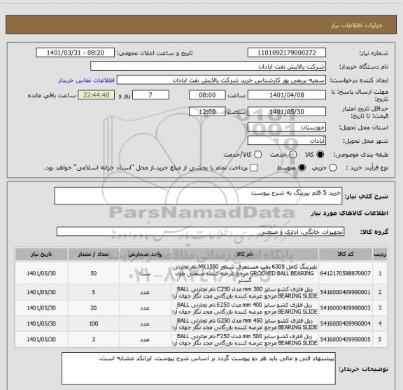 استعلام خرید 5 قلم بیرینگ به شرح پیوست