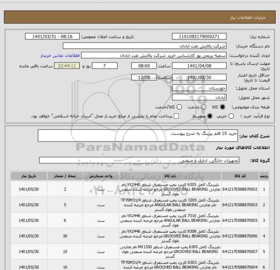 استعلام خرید 10 قلم بیرینگ به شرح پیوست.