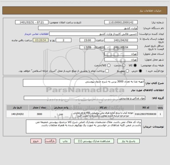 استعلام اتهیه غذا به تعداد 3000 پرس به شرح جدول پیوستی
