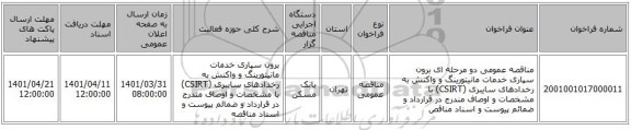 مناقصه، مناقصه عمومی دو مرحله ای برون سپاری خدمات مانیتورینگ و واکنش به رخدادهای سایبری (CSIRT) با مشخصات و اوصاف مندرج در قرارداد و ضمائم پیوست و اسناد مناقص