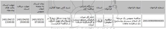 مناقصه، مناقصه عمومی یک مرحله ای اصلاح سیستم روشنایی باغ شاهزاده ماهان