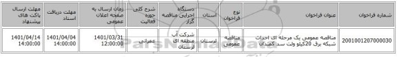 مناقصه، مناقصه عمومی یک مرحله ای احداث شبکه برق 20کیلو ولت سد کمندان