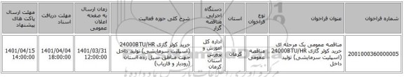 مناقصه، مناقصه عمومی یک مرحله ای خرید کولر گازی 24000BTU/HR (اسپلیت سرمایشی) تولید داخل