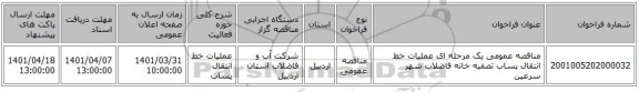 مناقصه، مناقصه عمومی یک مرحله ای عملیات خط انتقال پساب تصفیه خانه فاضلاب شهر سرعین