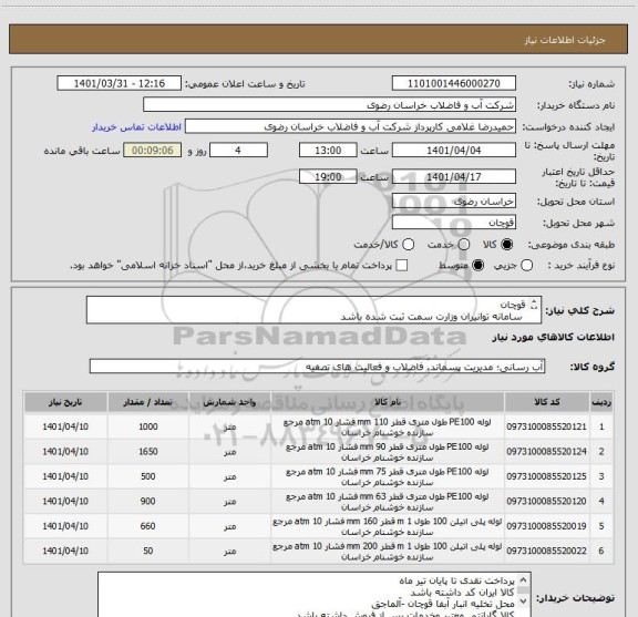 استعلام قوچان
 سامانه توانیران وزارت سمت ثبت شده باشد
کالای تامین کننده دارای گواهی بهداشتی از معاونت غذا ودارو از دانشگاه علوم پزشکی باشد