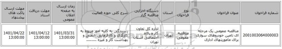 مناقصه، مناقصه عمومی یک مرحله ای تامین خودروهای سواری برای ماموریتهای اداری