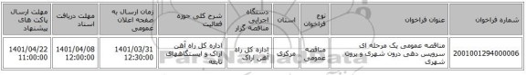 مناقصه، مناقصه عمومی یک مرحله ای سرویس دهی درون شهری و برون شهری