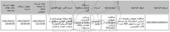 مناقصه، مناقصه عمومی همزمان با ارزیابی (یکپارچه) یک مرحله ای خرید و تحویل 500 عدد قالب فیلترپرس