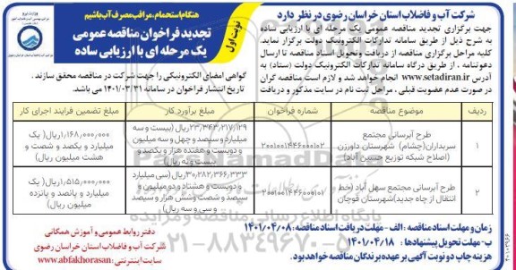 تجدید فراخوان مناقصه طرح آبرسانی  