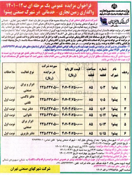 مزایده، مزایده واگذاری تعداد 6 قطعه زمین تجاری - خدماتی