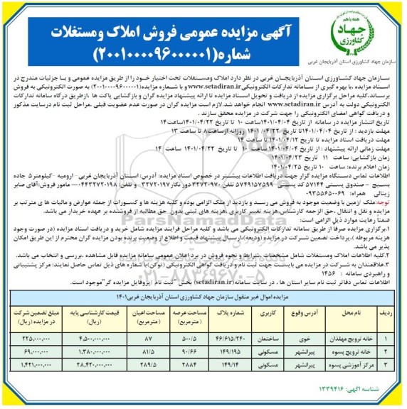 مزایده عمومی فروش املاک و مستغلات