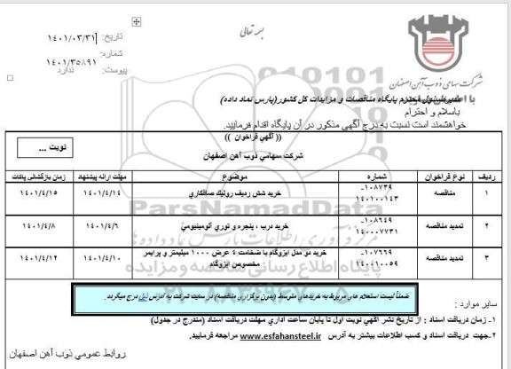 فراخوان خرید شش ردیف رولیک صافکاری ...