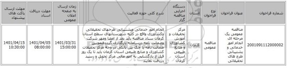 مناقصه، مناقصه عمومی یک مرحله ای انجام امور خدماتی و پشتیبانی طرح های تحقیقاتی