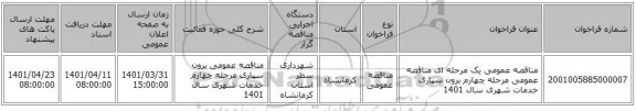 مناقصه، مناقصه عمومی یک مرحله ای مناقصه عمومی مرحله چهارم برون سپاری خدمات شهری سال 1401