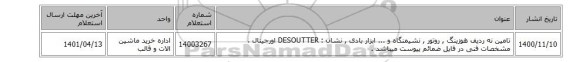 تامین نه ردیف هوزینگ , روتور , نشیمنگاه و ... ابزار بادی , نشان : DESOUTTER اورجینال ، مشخصات فنی در فایل ضمائم پیوست میباشد .
