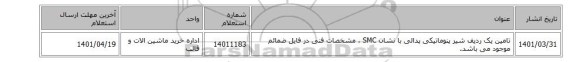 تامین یک ردیف شیر پنوماتیکی پدالی با نشان SMC ، مشخصات فنی در فایل ضمائم موجود می باشد.
