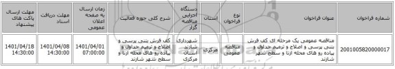 مناقصه، مناقصه عمومی یک مرحله ای کف فرش بتنی پرسی و اصلاح و ترمیم جداول و پیاده رو های محله ازنا و سطح شهر شازند