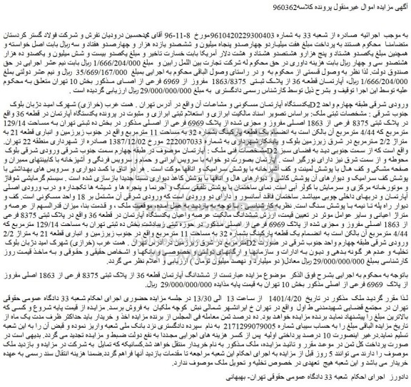 مزایده فروش یکدستگاه آپارتمان مسکونی و مشاعات آن
