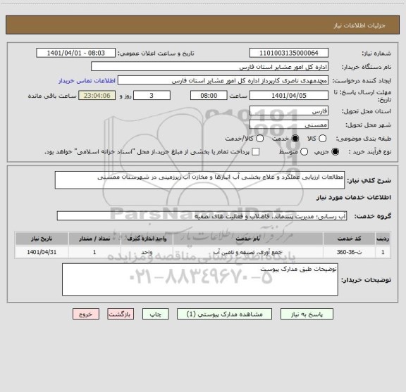 استعلام مطالعات ارزیابی عملکرد و علاج بخشی آب انبارها و مخازن آب زیرزمینی در شهرستان ممسنی
