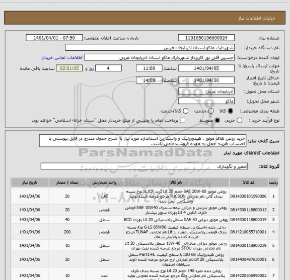 استعلام خرید روغن های موتور ، هیدورولیک و واسکازین استاندارد مورد نیاز به شرح جدول مندرج در فایل پیوستی با احتساب هزینه حمل به عهده فروشنده می باشد.