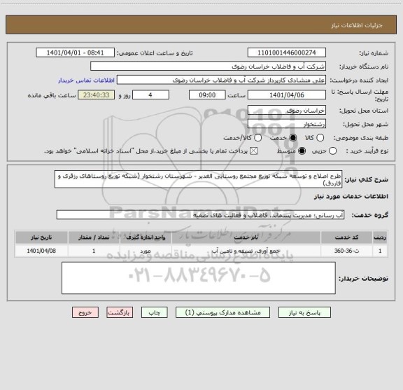 استعلام طرح اصلاح و توسعه شبکه توزیع مجتمع روستایی الغدیر - شهرستان رشتخوار (شبکه توزیع روستاهای رزقری و فاردق)
