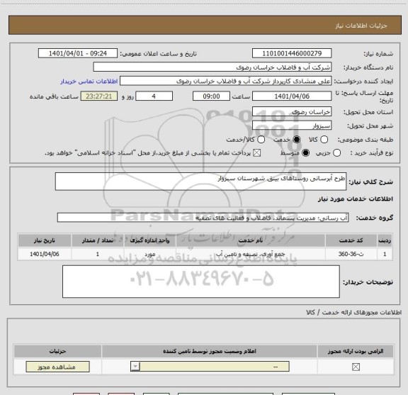 استعلام طرح آبرسانی روستاهای بینق شهرستان سبزوار