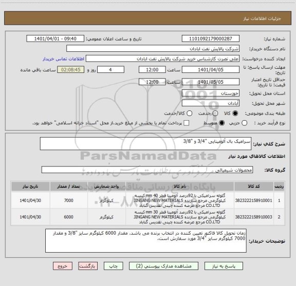 استعلام سرامیک بال آلومینایی "3/4 و "3/8