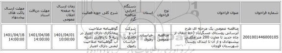 مناقصه، مناقصه عمومی یک مرحله ای طرح آبرسانی روستای عسگرآباد (خط انتقال از چاه جدید تا مخزن 200 متر مکعبی پیشنهادی و از آن تا ابتدای روستا) شهرستان قوچان