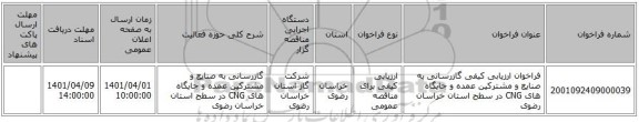 مناقصه، فراخوان ارزیابی کیفی گازرسانی به صنایع و مشترکین عمده و جایگاه های CNG در سطح استان خراسان رضوی