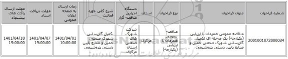 مناقصه، مناقصه عمومی همزمان با ارزیابی (یکپارچه) یک مرحله ای تکمیل گازرسانی شهرک صنعتی خمین و صنایع پایین دستی پتروشیمی