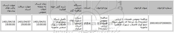 مناقصه، مناقصه عمومی همزمان با ارزیابی (یکپارچه) یک مرحله ای تکمیل شبکه جمع آوری فاضلاب شهرک صنعتی مامونیه