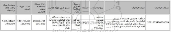 مناقصه، مناقصه عمومی همزمان با ارزیابی (یکپارچه) یک مرحله ای خرید چهار دستگاه بلوئر هوادهی مورد نیاز مدول 5 و 6 تصفیه خانه فاضلاب جنوب تهران