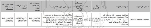 مناقصه، مناقصه عمومی یک مرحله ای واگذاری امورات مربوط به خدمات شهری ،فضای سبز ،نقلیه عمران و واحدهای تابعه شهرداری