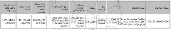 مناقصه، مناقصه عمومی یک مرحله ای تهیه، حمل و راه اندازی دو دستگاه دیزل ژنراتور برق اضطراری 1401/4