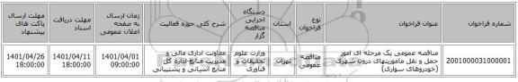 مناقصه، مناقصه عمومی یک مرحله ای امور حمل و نقل ماموریتهای درون شهری (خودروهای سواری)