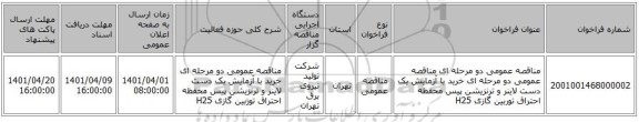 مناقصه، مناقصه عمومی دو مرحله ای مناقصه عمومی دو مرحله ای خرید با آزمایش یک دست  لاینر و ترنزیشن پیس محفظه احتراق توربین گازی H25